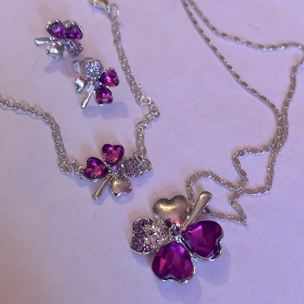 New Purple Crystal Lucky 4 Leaf Clover Earrings Necklace & Bracelet Set